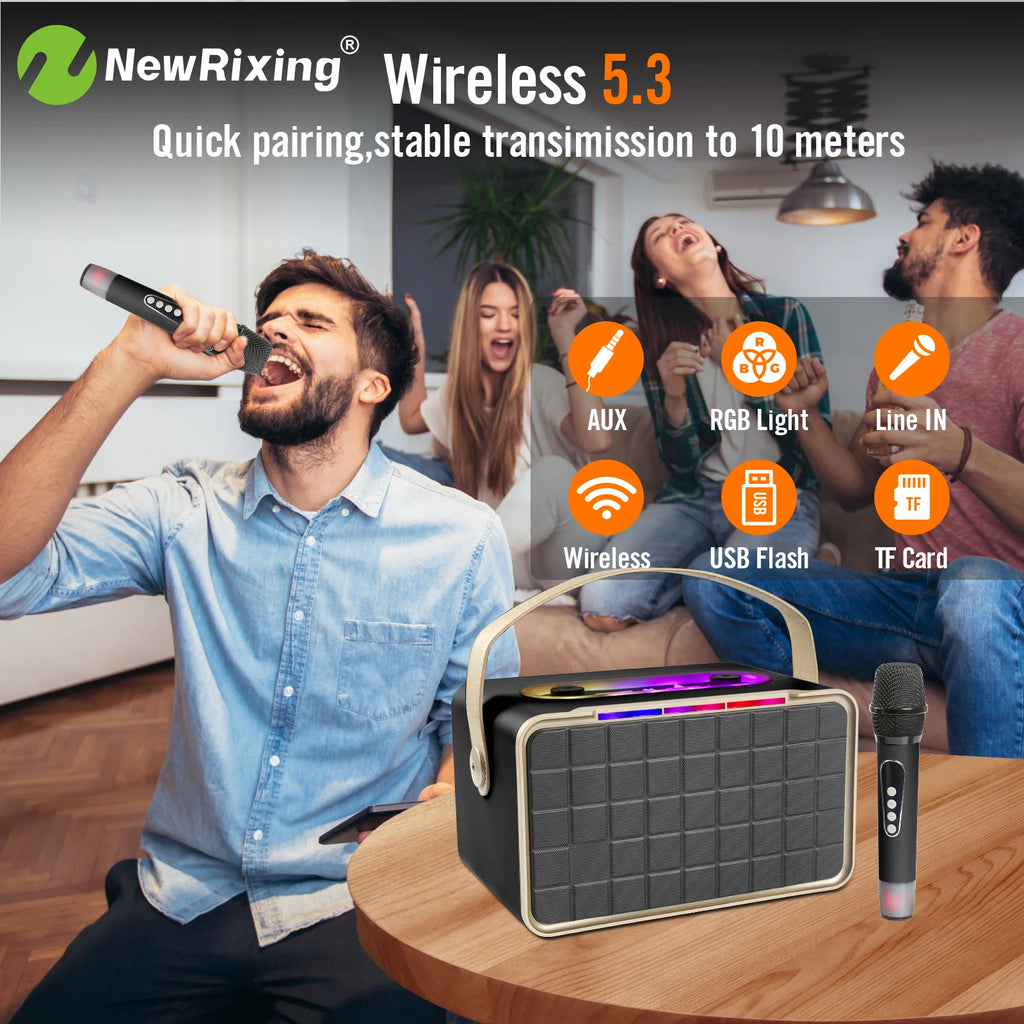 Portable wireless speaker with 2 microphones, karaoke machine,40W high volume,knob buttons,RGB lights,supports BT,USB,AUX,TF,MIC