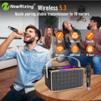 Portable wireless speaker with 2 microphones, karaoke machine,40W high volume,knob buttons,RGB lights,supports BT,USB,AUX,TF,MIC
