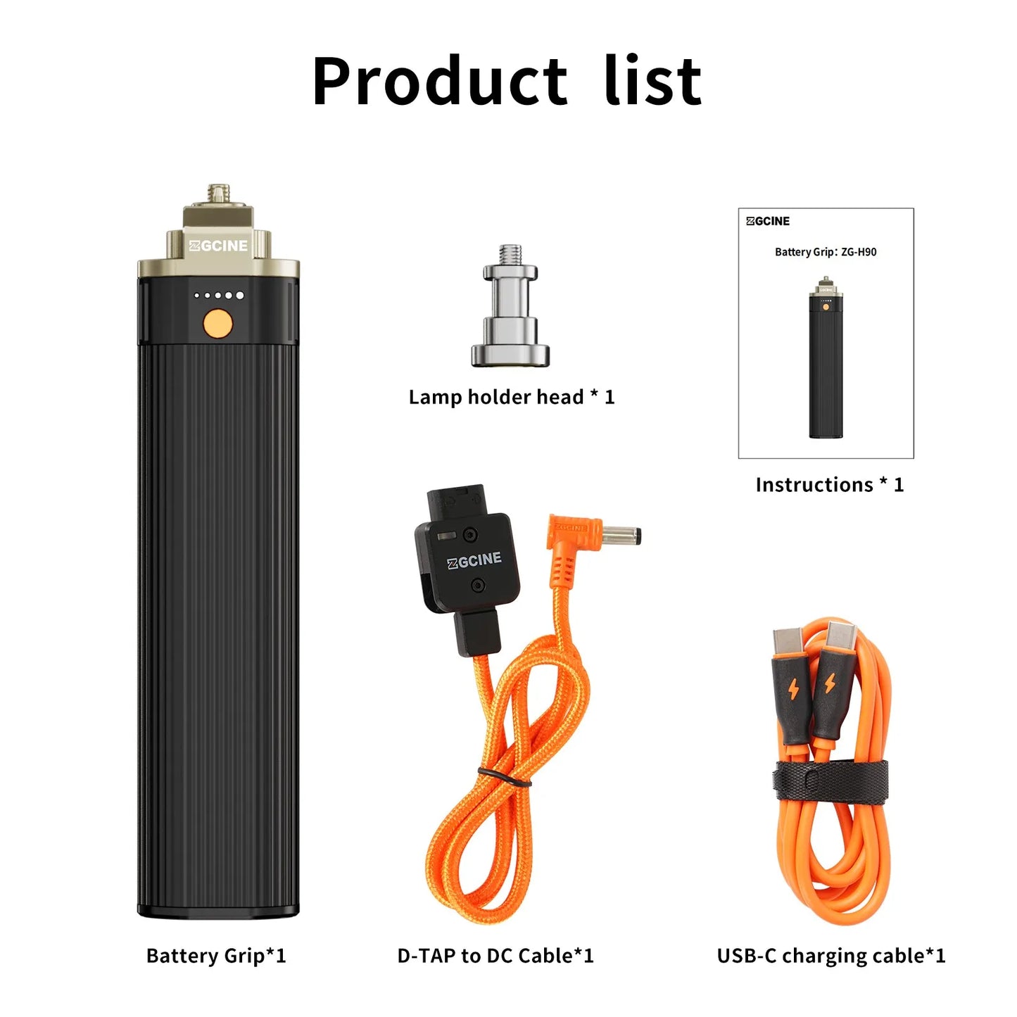 ZGCINE ZG-H90 Power Bank Hand Grip 6000mAh Support PD IN/ USB-C Out for Tube Light Photography Lighting Zhiyun G60 X100 Amaran