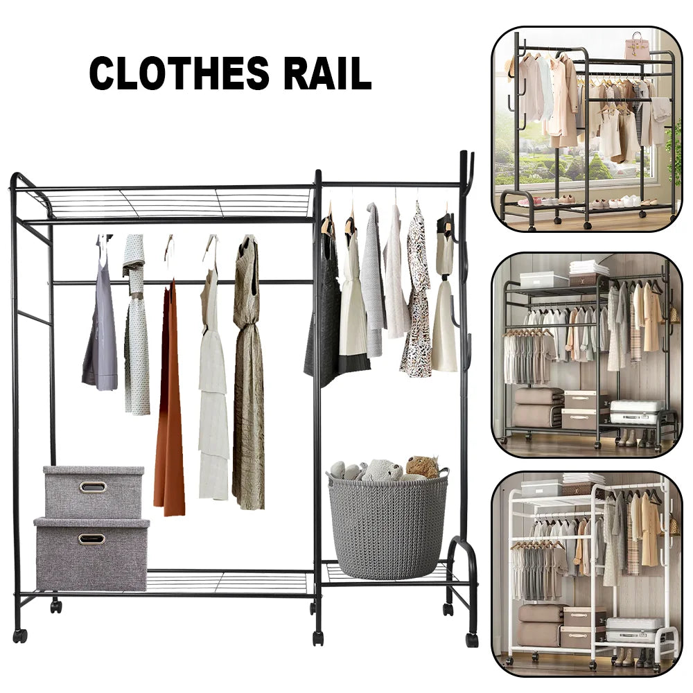 Clothes Rack Heavy Duty Coat Shelf Double-Rod Hats Clothes Rack With Hooks Hanging Clothe Organizer Floor Hangers Organizer