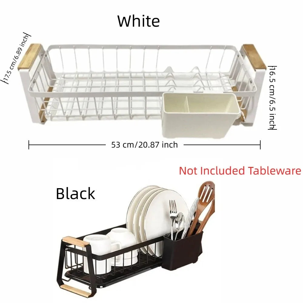Detachable Kitchen Dish Rack Wooden Handle Metal Frame Kitchen Organizer Large Capacity Dish Drainer Tableware Storage Rack RV