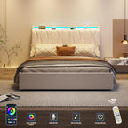 Vabches Lift Up Queen Bed Frame with Storage Headboard Upholstered Platform Bed Frame with Power Outlet&LED Lights No Box Spring