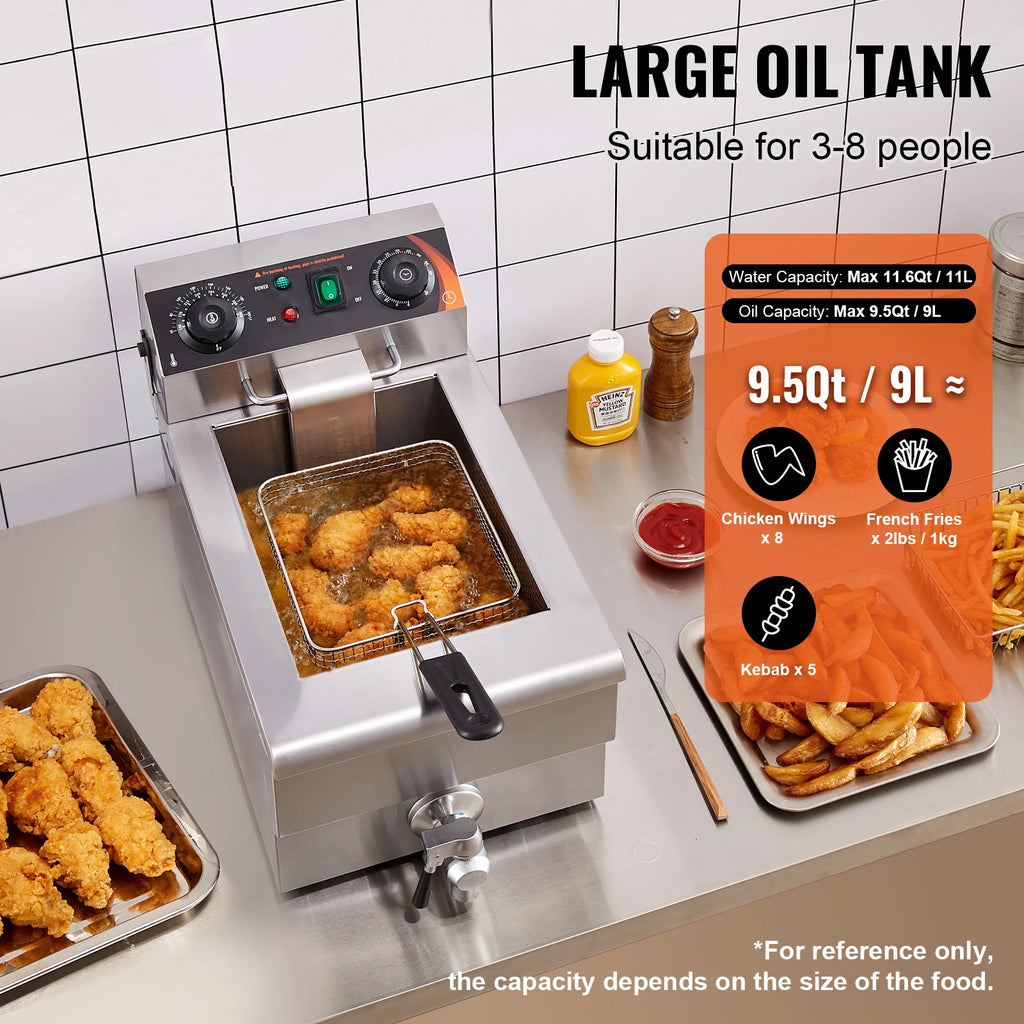 SucceBuy Commercial Deep Fryer Electric Countertop Fryer with Basket Stainless Steel Single Oil Fryer with Time & Temp Control