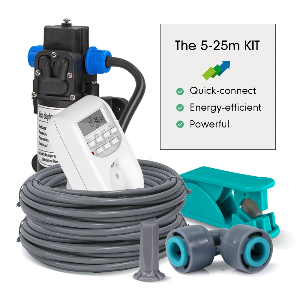 25-5M 60W Pump Adjustable Spray Nozzle Timer Watering Systems Quick Connection 1/4" Hose Misting Automatic Irrigation Kit Garden