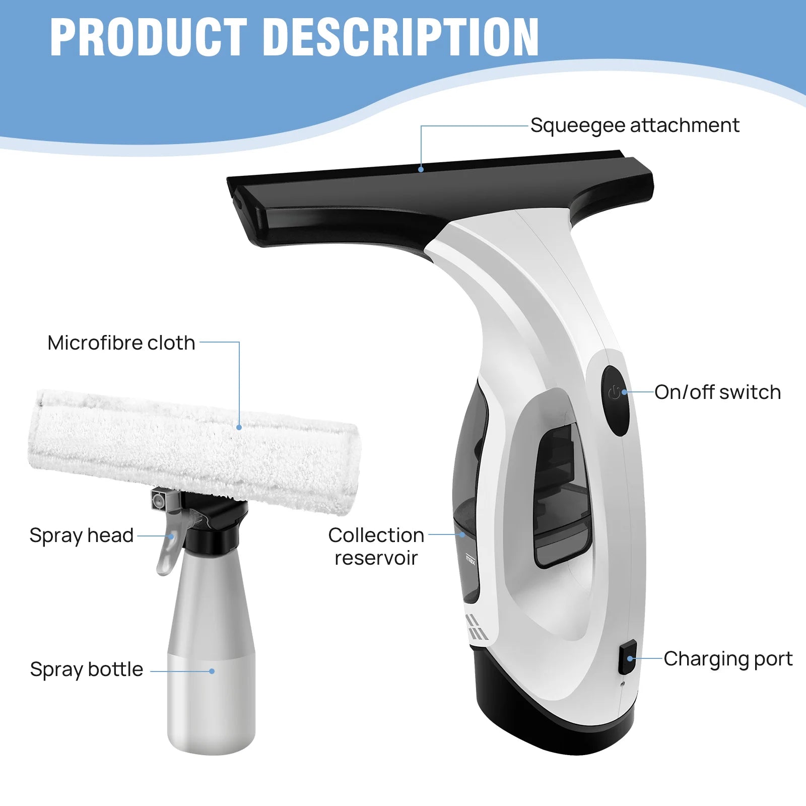 Cordless Window Vac Cleaner Rechargeable - 28cm Squeegee Element & 150ml Water Tank, Window Washer with 200ml Spray Bottle