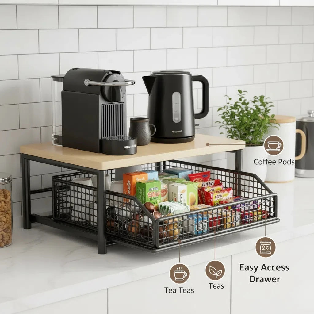 Metal and Wood Microwave Rack with Pull Out Drawer Multi Layer Countertop Kitchen Organizer for Coffee Maker Utensils and Tea