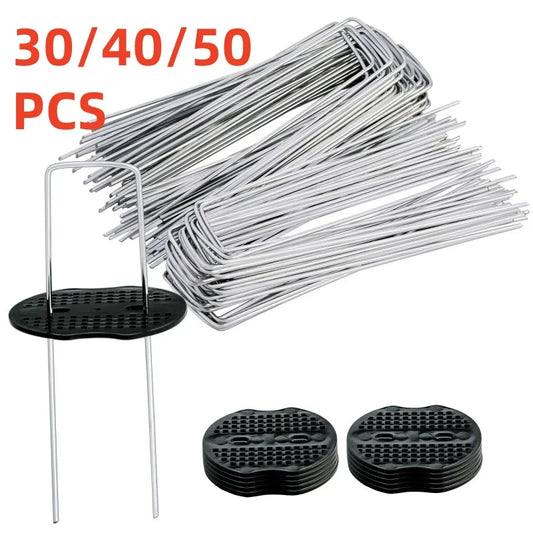 40PCS Garden Pegs U-shaped Ground Pegs Heavy Duty Metal Pins Spikes Ground Staple with 30pcs Buffer Washers for Securing Weed