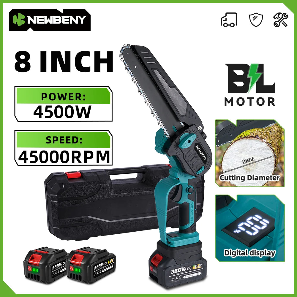 NEWBENY 8 Inch Brushless Electric Chainsaw with Oil Cordless Garden Pruning Chainsaw Woodworking Tool For Makita 18V Battery Pin