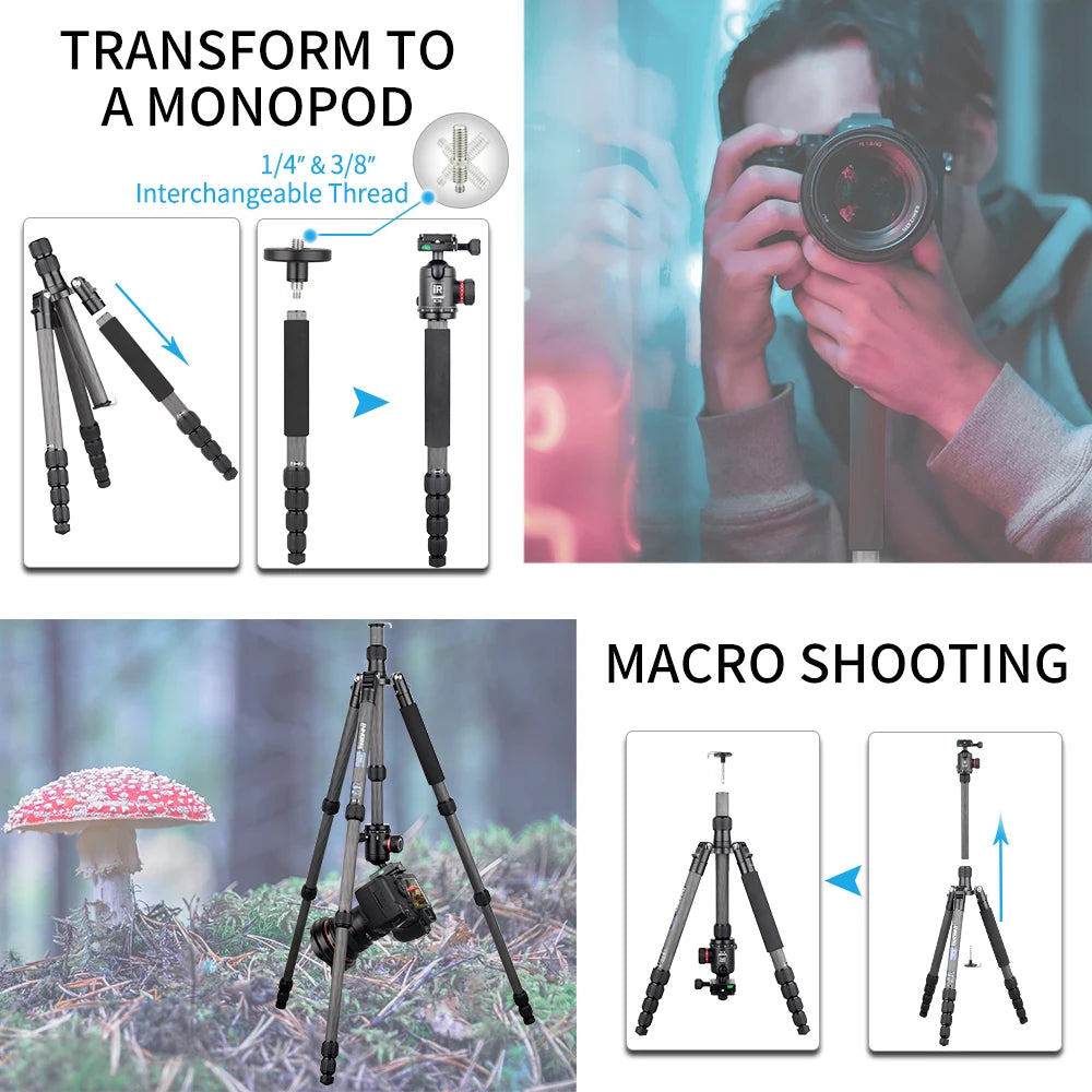 RT55C Professional 10 Layers Carbon Fiber Tripod For Digital Camera Suitable For Travel Top Quality DSLR Stand 161cm Max Height