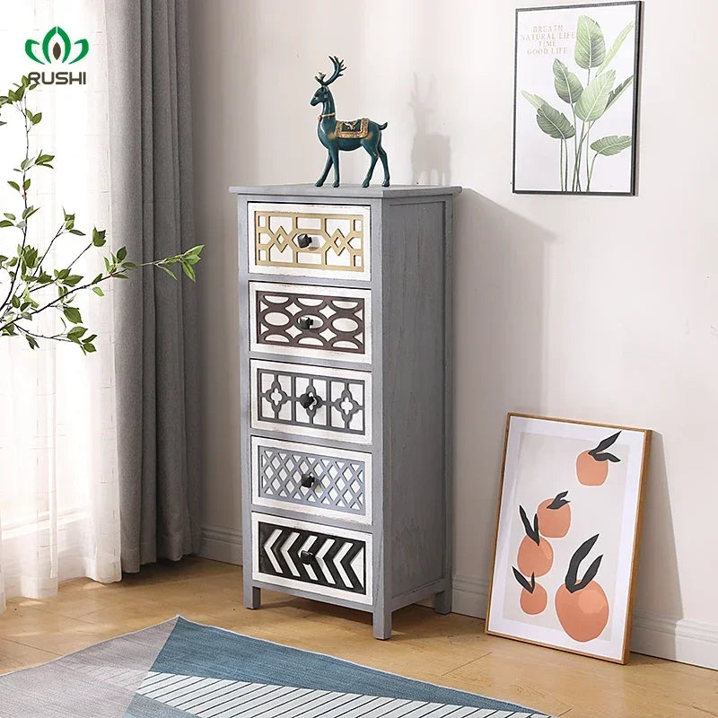 Solid Wood Multi-Layer Drawer Storage Cabinet Living Room Retro Simple Storage Side Cabinet Combination Organizing Cabinet