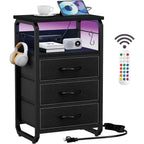 Bed Side Table with 3 Fabric Drawers,  LED Nightstand with Hooks, Bedside Table with Charging Station, End Table with Storage