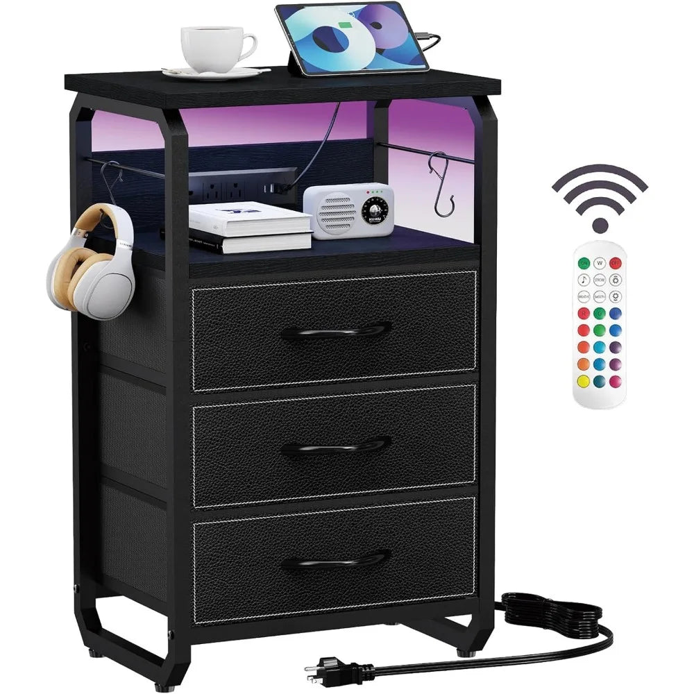 Bed Side Table with 3 Fabric Drawers,  LED Nightstand with Hooks, Bedside Table with Charging Station, End Table with Storage