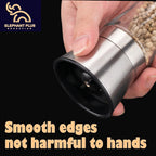 Kitchen Grinder 304 Stainless Steel - for Pepper, Sea Salt & Spices, Adjustable Coarse to Fine, Refillable with Glass Jar