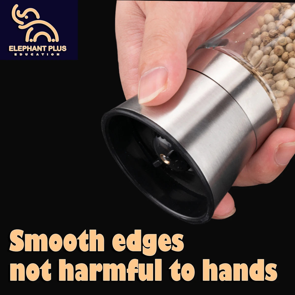 Kitchen Grinder 304 Stainless Steel - for Pepper, Sea Salt & Spices, Adjustable Coarse to Fine, Refillable with Glass Jar