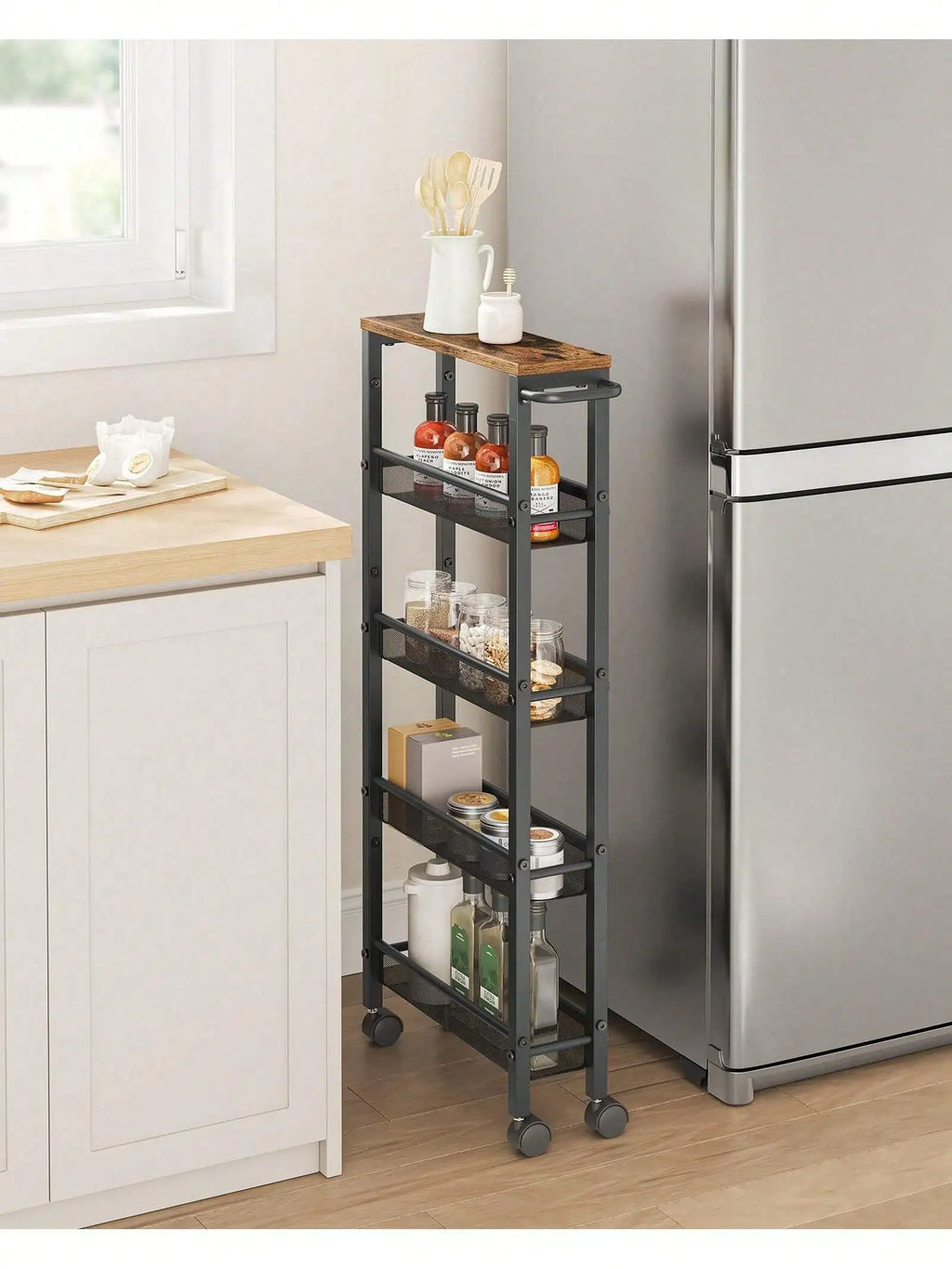 VASAGLE Slim Rolling Cart, 5-Tier Storage Cart, Narrow Cart with Handle, 5.1 Inches Deep, Metal Frame, for Kitchen, Dining Room