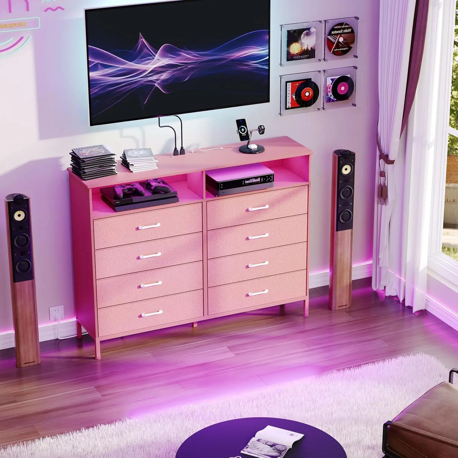 Dresser for Bedroom Pink Bedroom Dresser with LED Lights and Charging Station, 8 Long Fabric Drawers Dressers, Tall Wide Chest