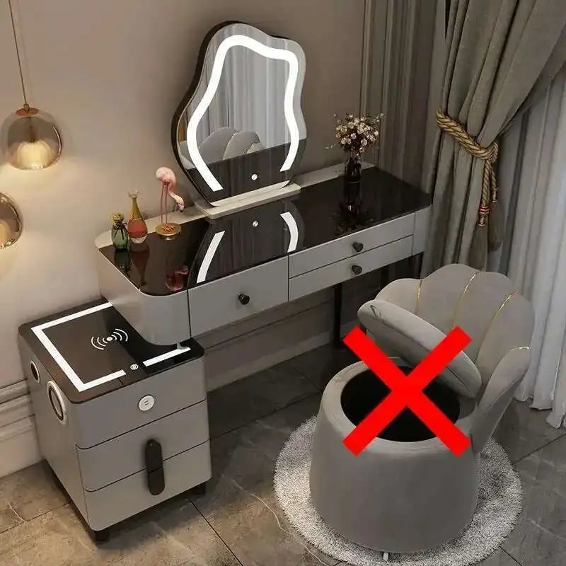 Luxury Glass Dressing Table with Smart Wireless Charging Bedroom Vanity Nightstand Makeup Table Drawers with Led Mirror Dresser