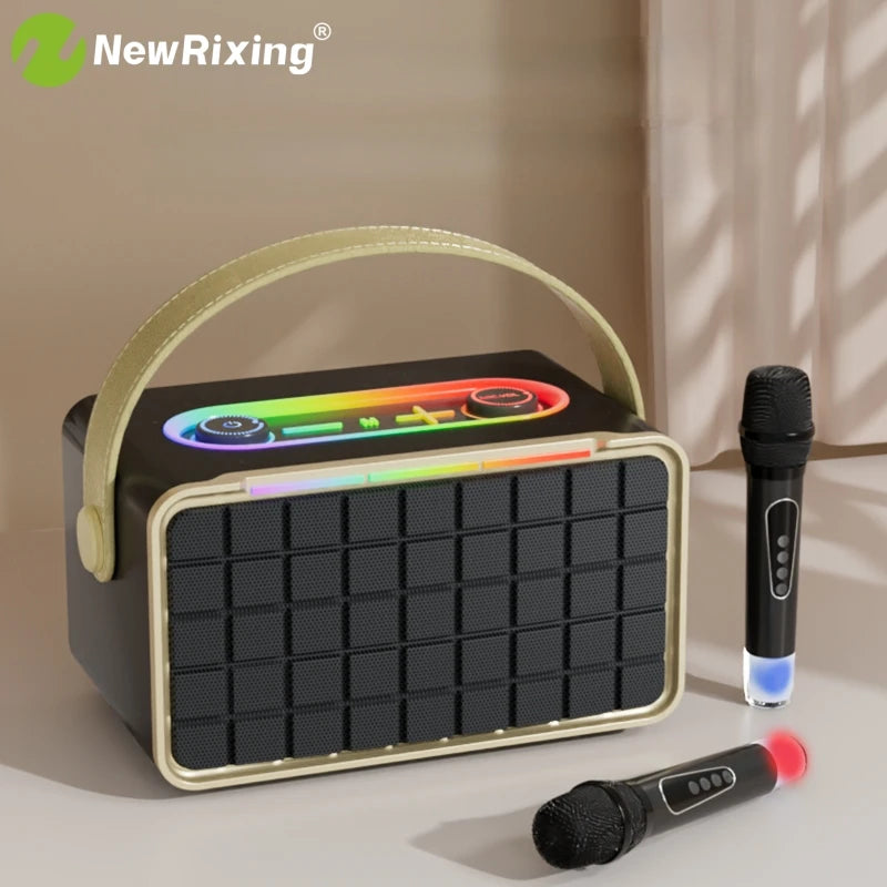 Portable wireless speaker with 2 microphones, karaoke machine,40W high volume,knob buttons,RGB lights,supports BT,USB,AUX,TF,MIC