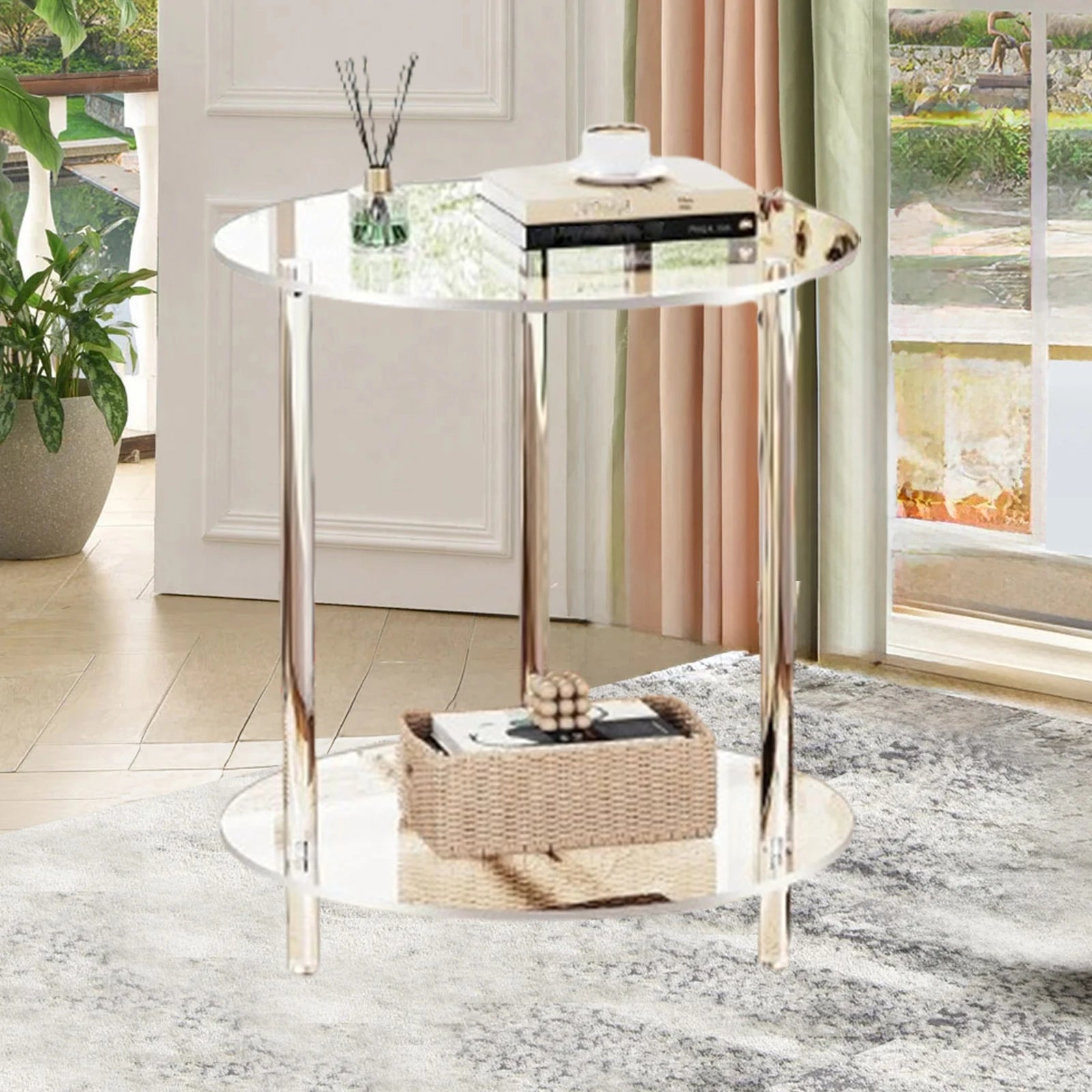 Acrylic Round Side Table, Easy Assembly for Small Space Small Furniture End Table for Balcony Bedroom Bathroom Office Hallway