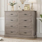 Grey Dresser Chest of Drawers, 47.2” Farmhouse Wood Dresser 8 Drawer with Steel Handles, Modern Drawers Floor Storage Cabinet f