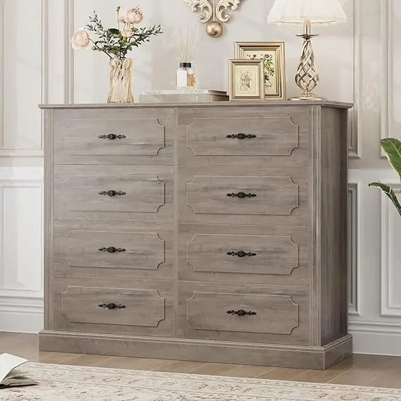 Grey Dresser Chest of Drawers, 47.2” Farmhouse Wood Dresser 8 Drawer with Steel Handles, Modern Drawers Floor Storage Cabinet f
