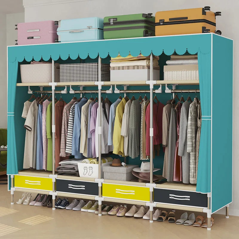 1 Piece of Simple and Modern Wardrobe, with Solid Color Curtain Door Curtain, Slide Rail, Assembly Rental, Economical, Sturdy, Durable, All-Steel Frame, Multi-Interface Fixed Home Storage Wardrobe, Suitable for Bedroom