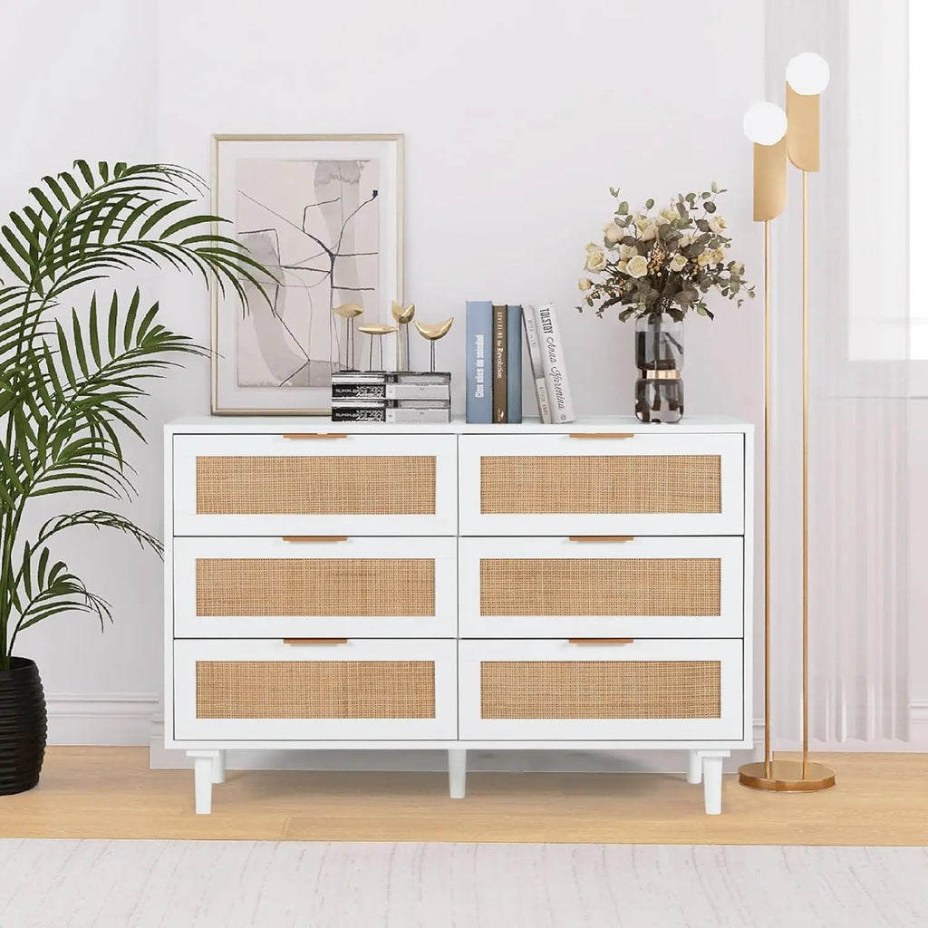 Rattan Dresser for Bedroom,Modern 6 Drawer Double Dresser with Gold Handles,Wood Storage Chest of Drawers fo Bedroom,Living Room
