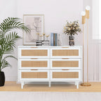Rattan Dresser for Bedroom,Modern 6 Drawer Double Dresser with Gold Handles,Wood Storage Chest of Drawers fo Bedroom,Living Room