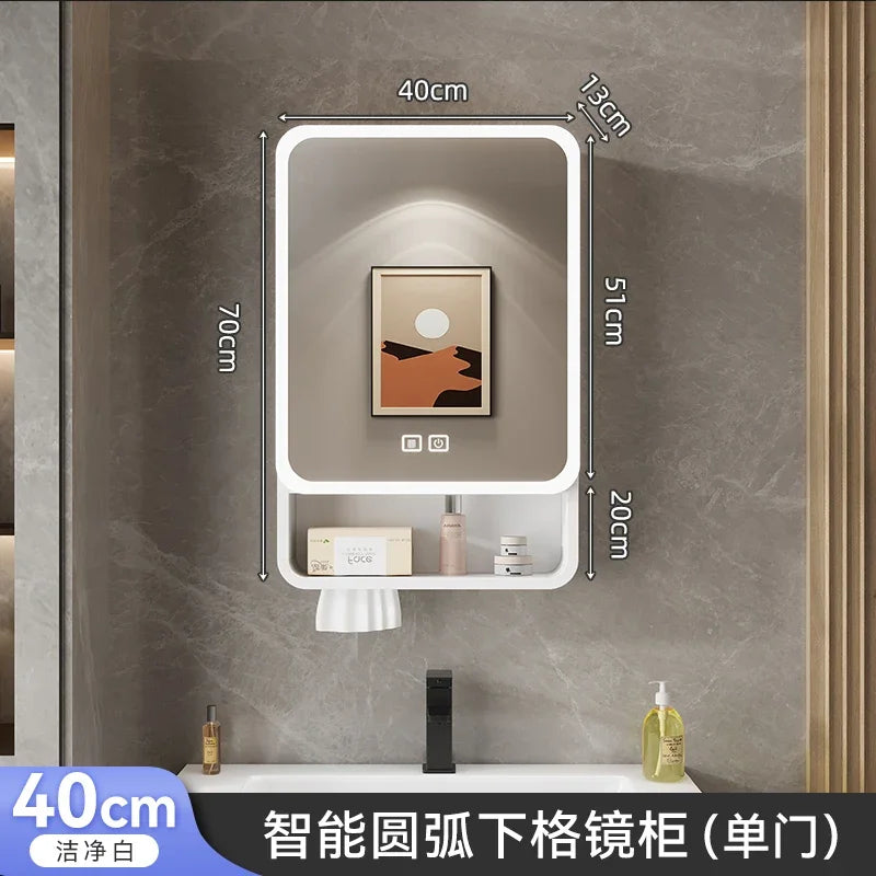 Aluminum Alloy Arc Smart Bathroom Mirror Cabinet Wall Mounted Storage Locker LED Light Bathroom Furniture Muebles Para Baño FYBC