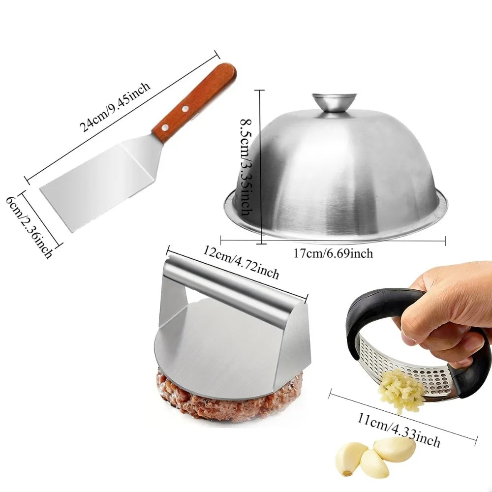 4Pcs Kitchen Accessories, Burger Press, Cake Spatula, Lid & Garlic Press, Non-stick Kitchen Tools, Practical Home Kitchen Items