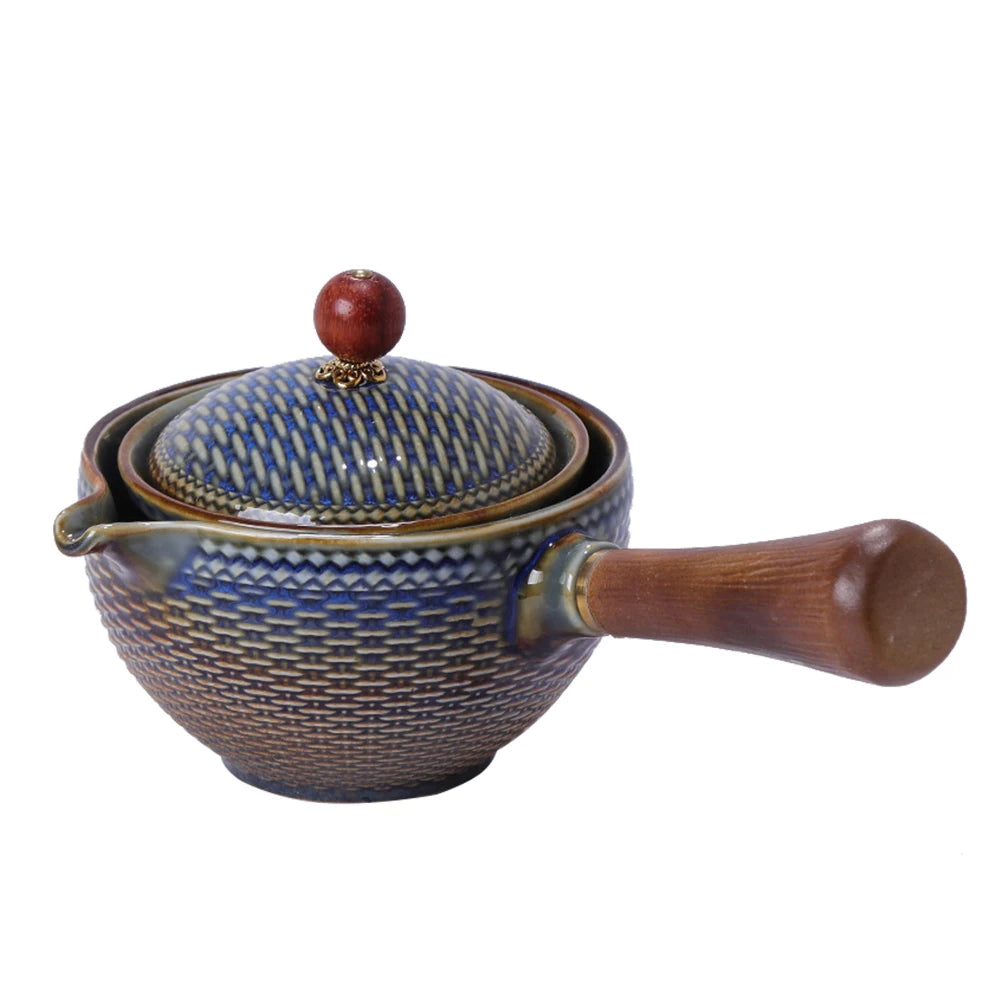 Portable Chinese Gongfu Kung Fu Tea Set 360 Rotating Teapot Ceramic Tea Maker Infuser Wooden Handle Pot Cup for Home Office