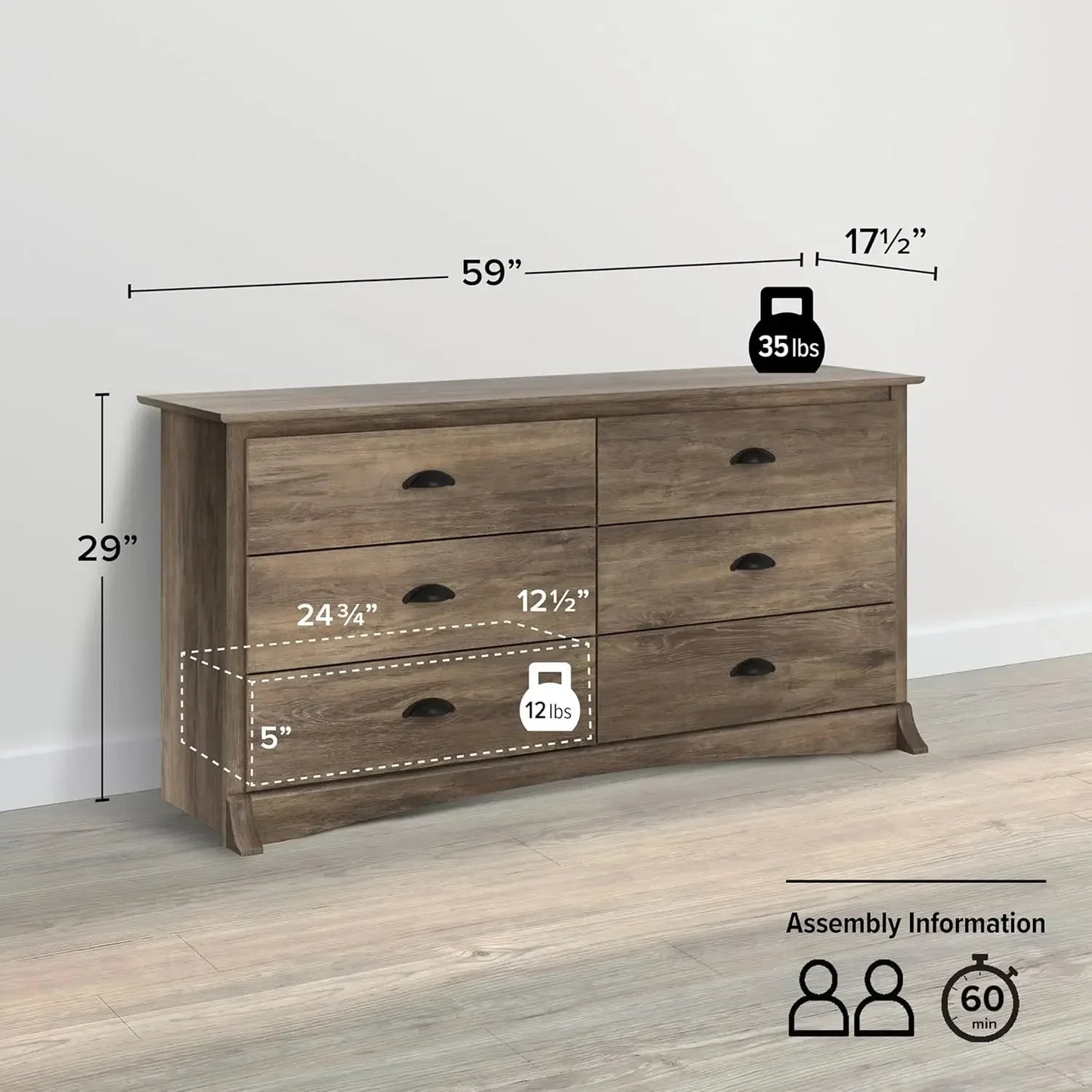 Salt Spring Bedroom Furniture: Gray Double Dresser for Bedroom, 6-Drawer Wide Chest of Drawers