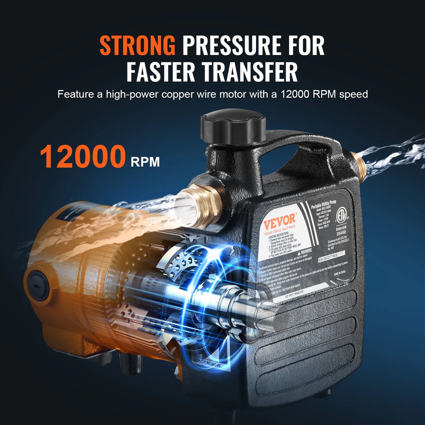 VEVOR Cast Iron Water Transfer Pump 115V AC 1600GPH 1/2HP Portable for Garden, Rain Barrel, Pond, Hot Tub, Aquarium Draining