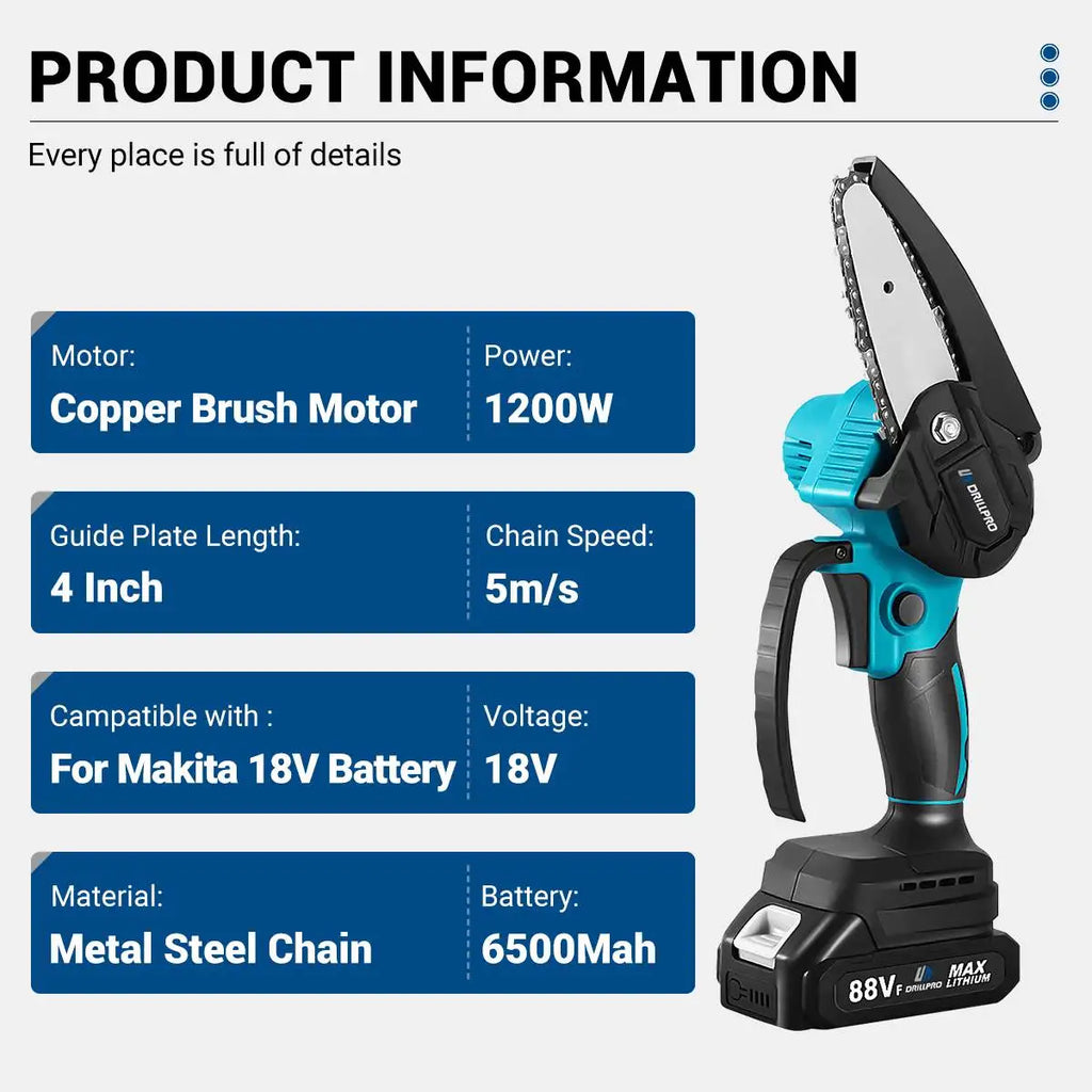 Drillpro 4Inch 1200W Electric Chainsaw Brushless Cordless Mini Chainsaw Garden Woodworking Power Tool for Makita 18V Battery