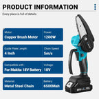 Drillpro 4Inch 1200W Electric Chainsaw Brushless Cordless Mini Chainsaw Garden Woodworking Power Tool for Makita 18V Battery