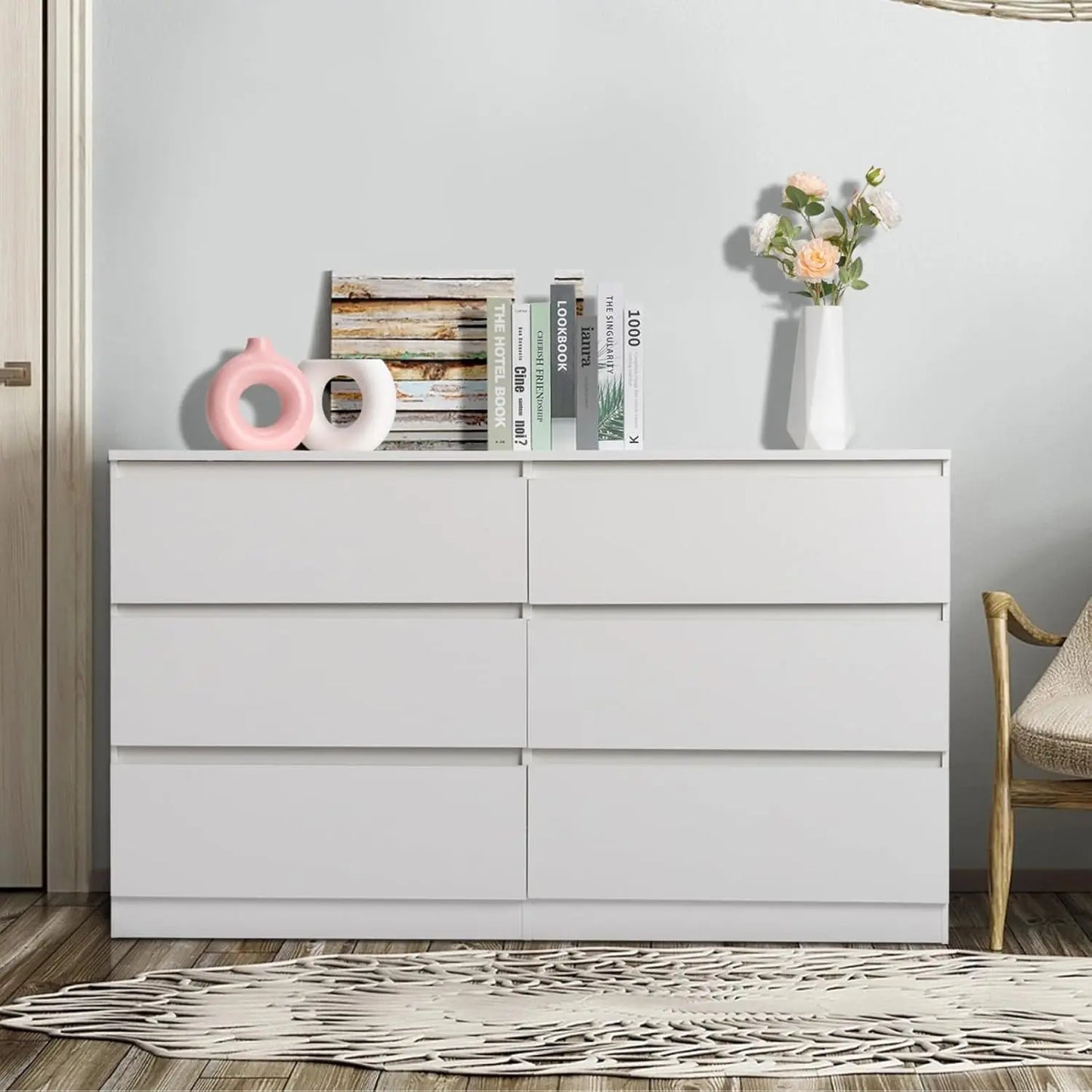 White 6 Drawer Dresser for Bedroom 55 Inch Long Wood Dresser with Large Storage Chest of Drawers