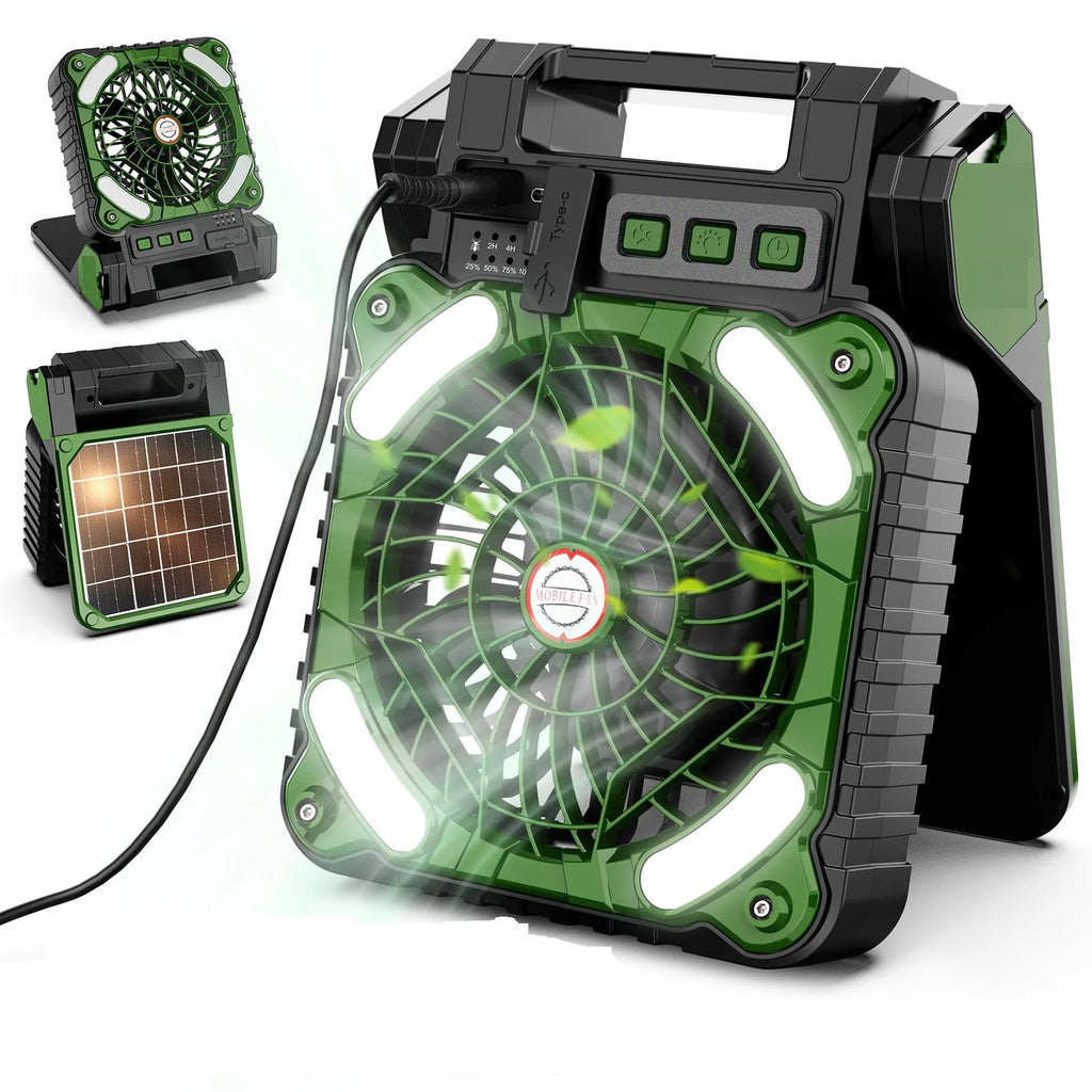 Portable Solar Powered Camping Fan With LED Lantern 10000mAh Battery C