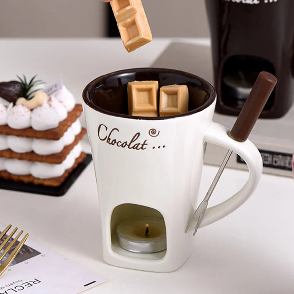 Candle Cup Cheese Chocolate Melting Ceramic Mug with Fork Chocolate Fondue Mug Creative Coffee Mug for Chocolate Cheese Candy