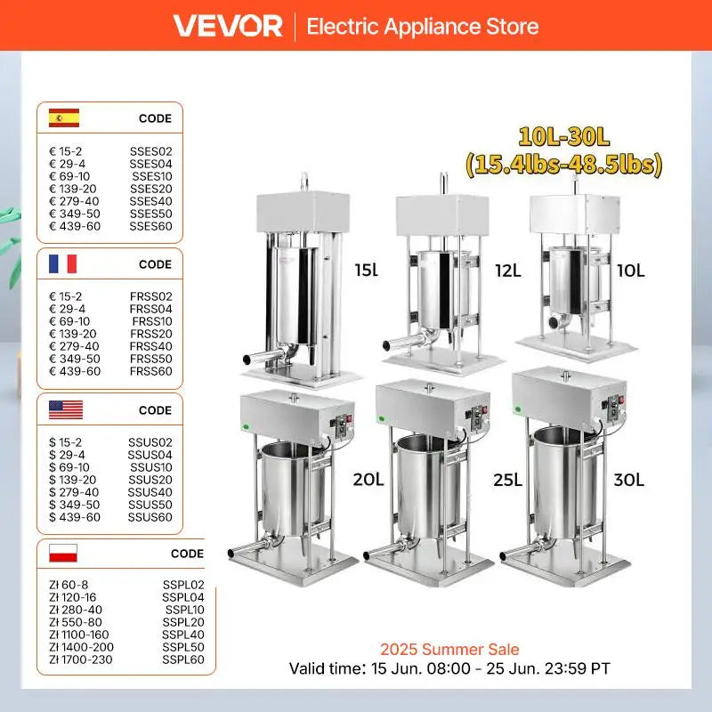 VEVOR 10-30L Vertical Sausage Stuffer Automatic Filling Machine Food Processors Kitchen Accessories Home Appliance for Hot Dog