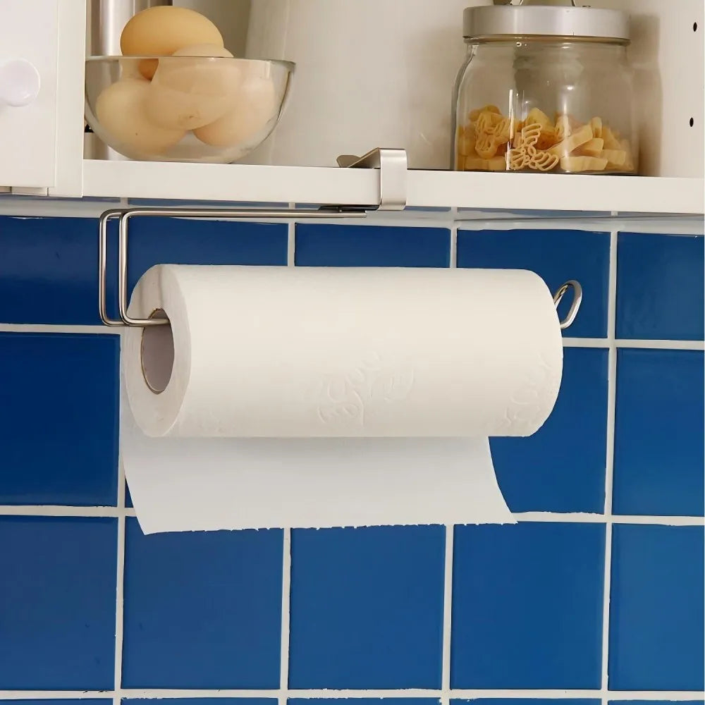 1 Piece Stainless Steel Kitchen Paper Towel Rack Card Holder Plastic Wrap Storage Cabinet Hanger No Punch Required Hanging Kitch