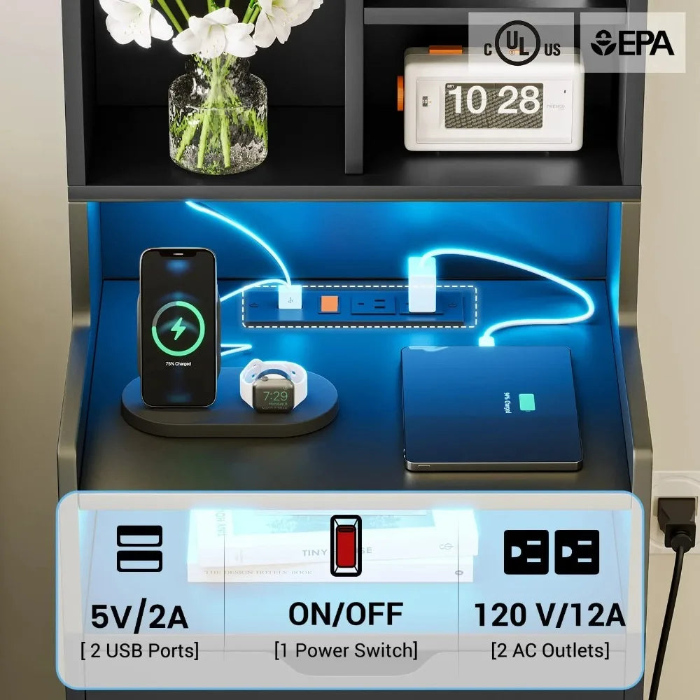 High Leg Bedside Table with Charging Station and LED Light, Bedside Table with Bookshelf, Bedside Table with Drawers, Black