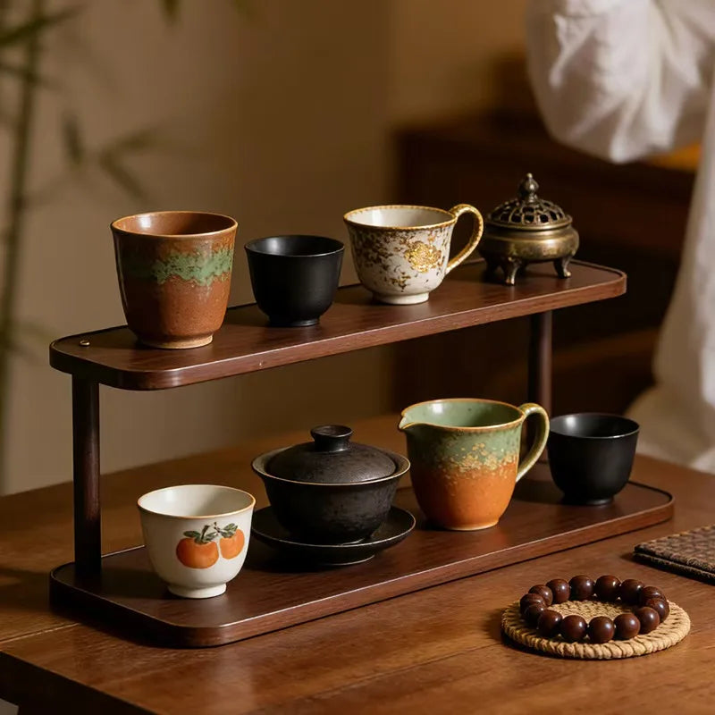 Versatile 2 Level Wooden Storage Rack For Kitchen And Tea Room, Decorative Desktop Multilayer Storage Rack Countertop Organizer