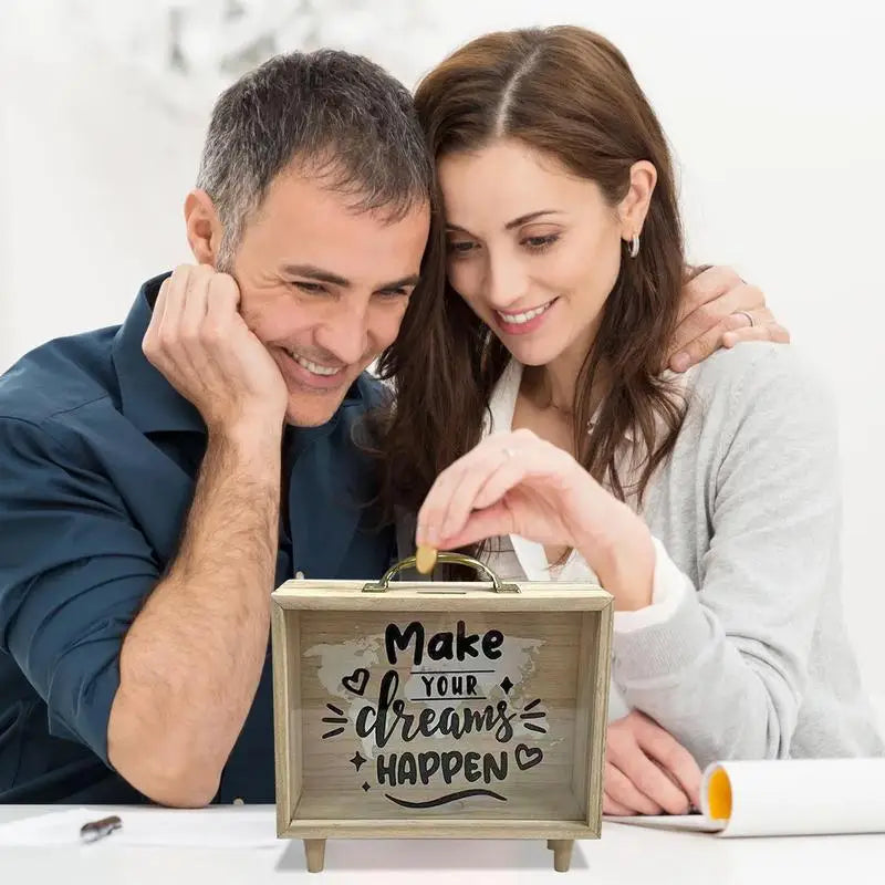 Money Saving Box Coin Saver Wooden Money Bank With Clear Window Reusable Cash Savings Case For Couples Friends Partners Children
