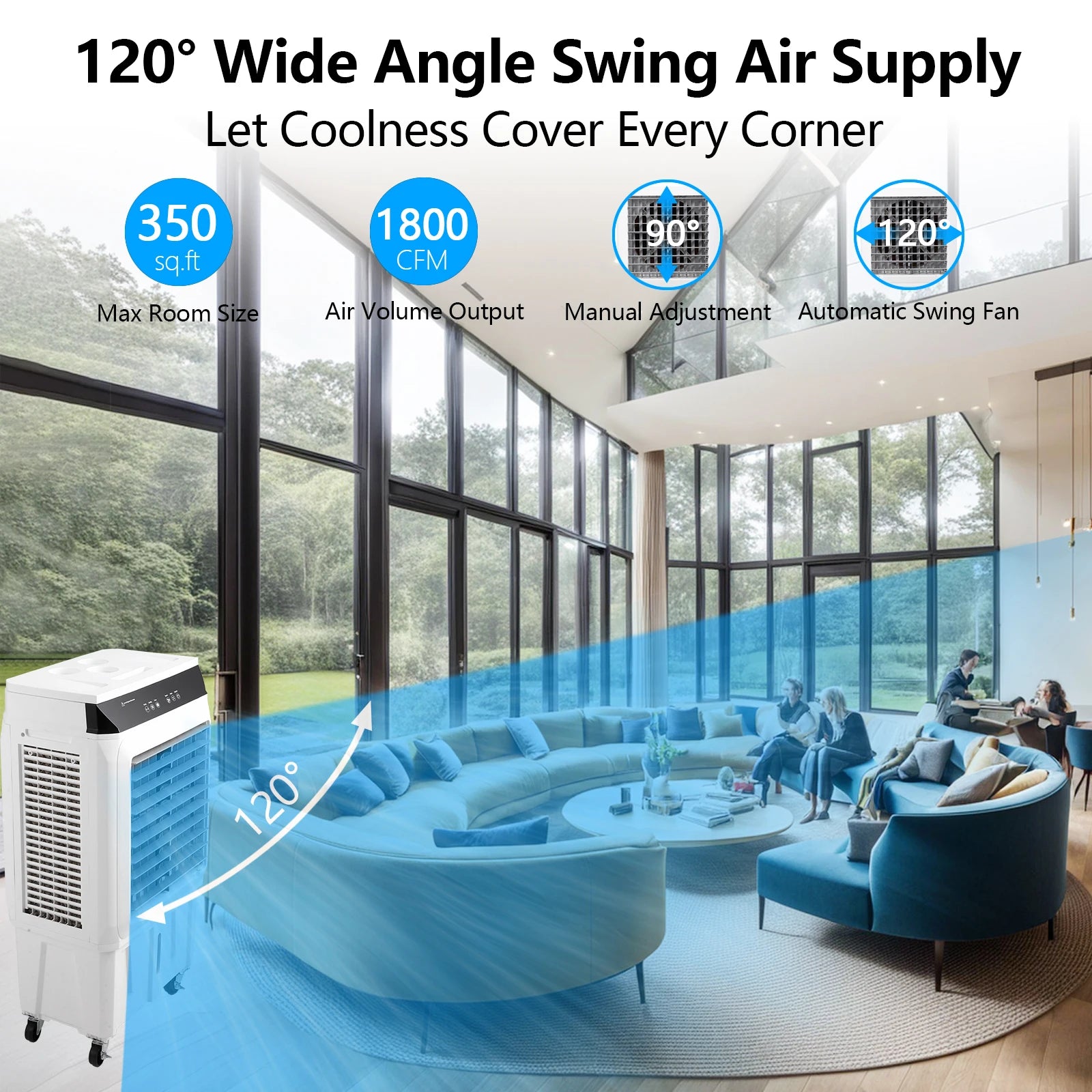 Evaporative Air Cooler, 1800CFM Swamp Cooler with Remote Control and 1