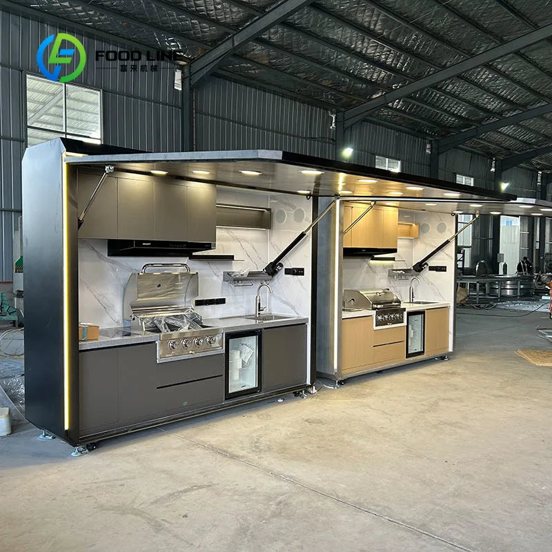 customized Modern Style Modular Outdoor Kitchen Station with LED Lighting All-Weather for Backyard Villa BBQ Grill Marble Top