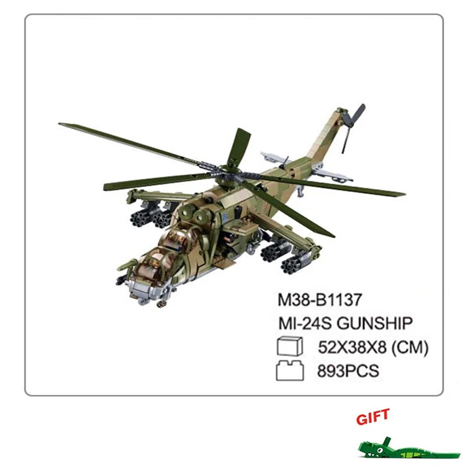 Sluban MI-24 Gunship New Military Helicopter Building Blocks Set Modern Armed Forces Model DIY Bricks Kit for Kids Birthday Toys