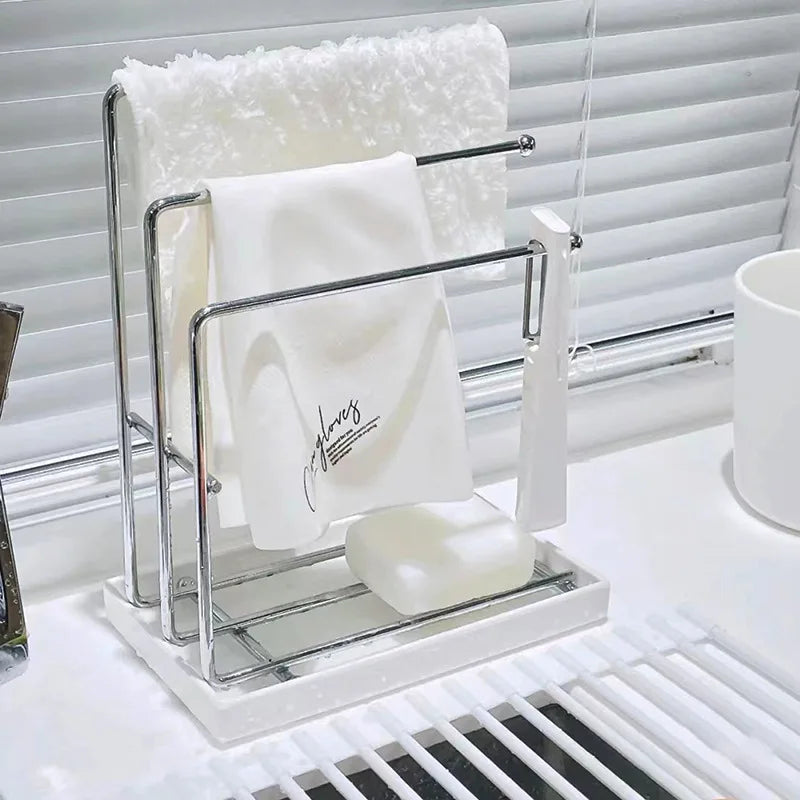 Stainless Steel Kitchen Towel Rack with Soap Dish,3-Bar Dish Cloth Hanger with Drain Tray,No-Drill Countertop Organizer for Sink