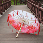 82cm Pink Flowers Silk Decorative Umbrella Han Cos Props Tassel Umbrella Ancient Chinese Classic Oil Paper Parasol