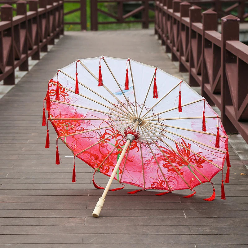 82cm Pink Flowers Silk Decorative Umbrella Han Cos Props Tassel Umbrella Ancient Chinese Classic Oil Paper Parasol