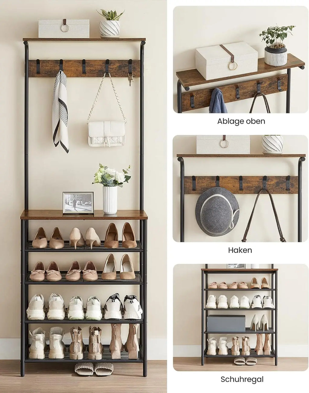 VASAGLE coat rack, dresses stand, wardrobe with 5 double hooks, shoe rack with 5 levels, one shelf on top